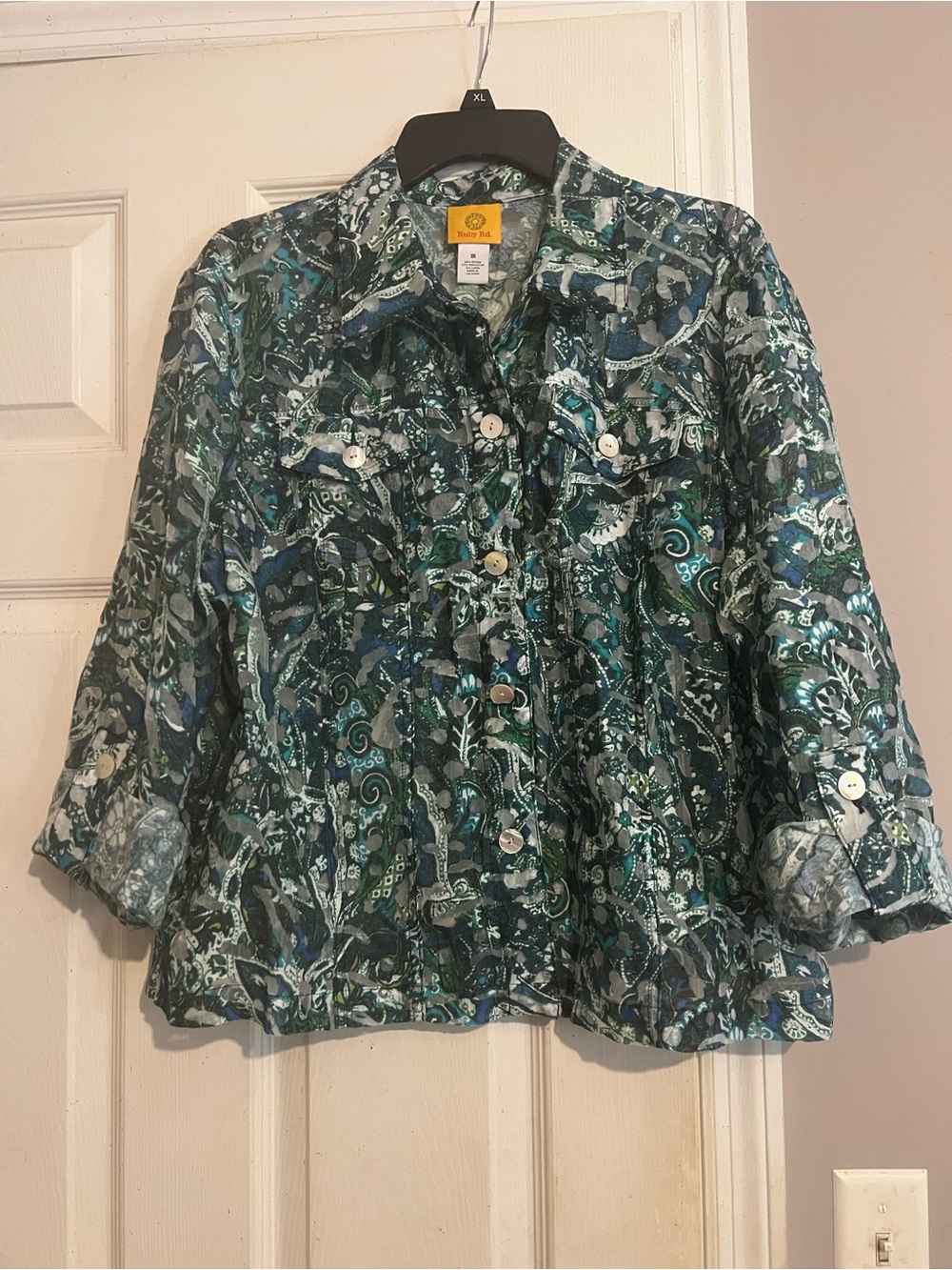 Ruby Rd. Printed Top in Teal, Navy & Green